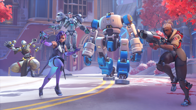 Sojourn, Sigma, Sombra et Zenyatta attaquant autour d'un robot.