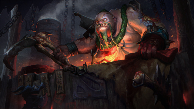 Pudge, un grand boucher, est assis à un bureau avec un crochet dans Dota 2.