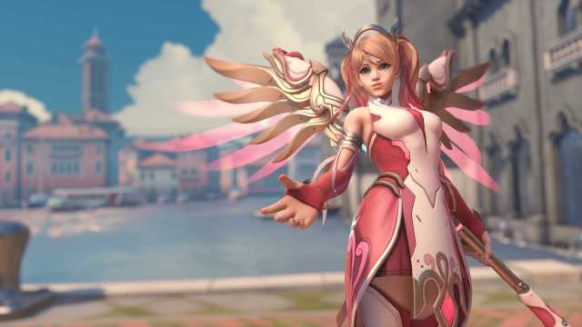 Mercy tend la main avec des ailes en or rose.