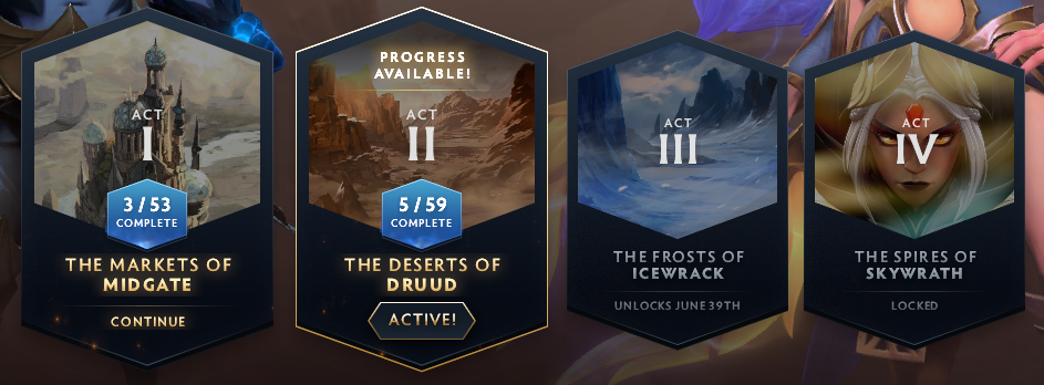 Capture d'écran de la liste des actes de Crownfall dans Dota 2 avec la date de sortie retardée de l'Acte 3.