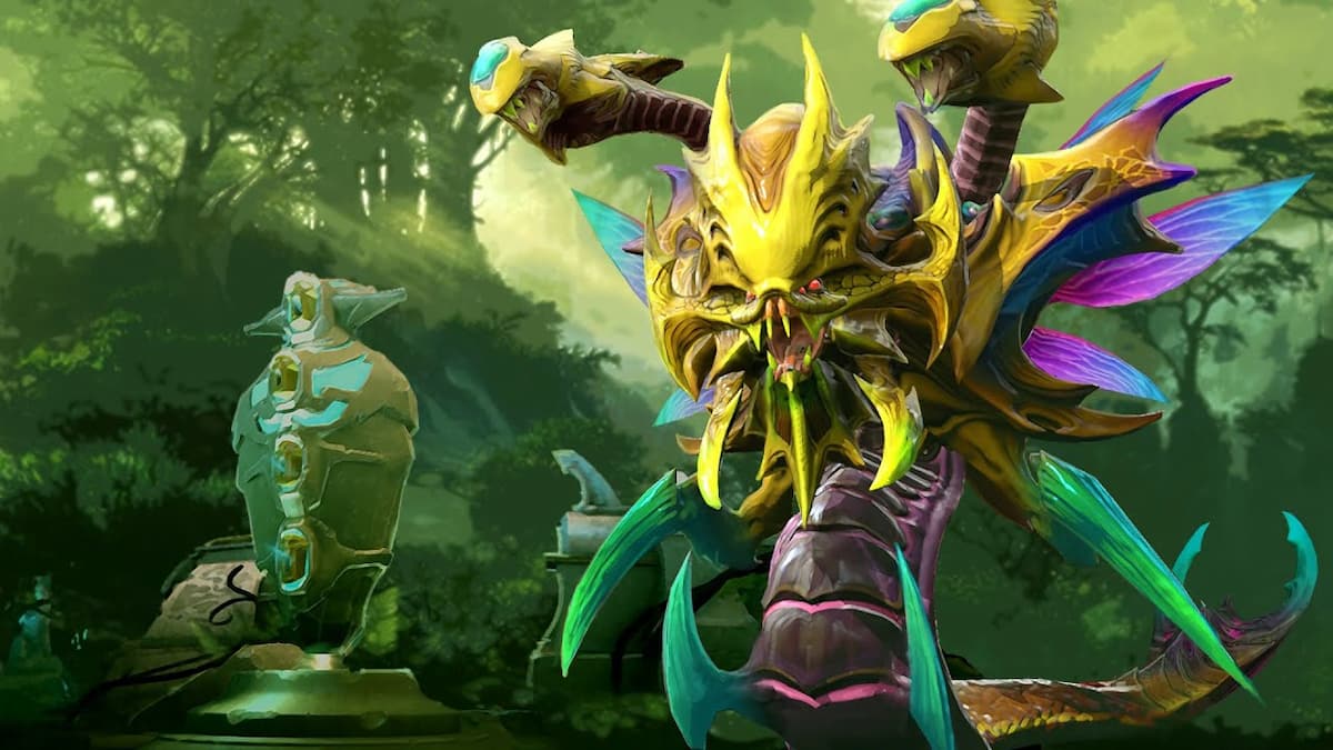 Héros Venomancer de Dota 2, une créature semblable à un serpent avec un visage jaune, des griffes vertes et des ailes violettes.