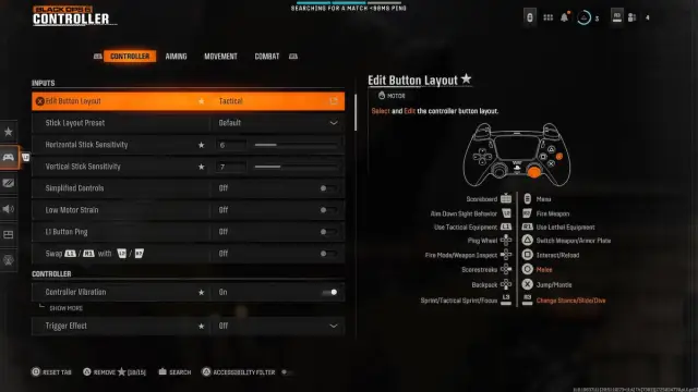 Capture d'écran des paramètres de manette dans Black Ops 6.