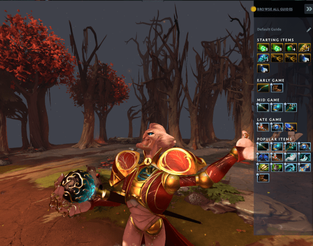 Ringmaster de Dota 2 faisant signe avec sa construction d'objets de base affichée.