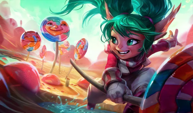 Une image de Poppy, championne de League of Legends, tenant une sucette. Elle semble courir autour d'un champ de sucettes, dont une avec son visage dessus.