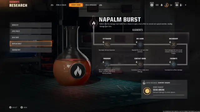 Capture d'écran montrant un aperçu du Mod de Munitions Napalm Burst et des Augmentations.