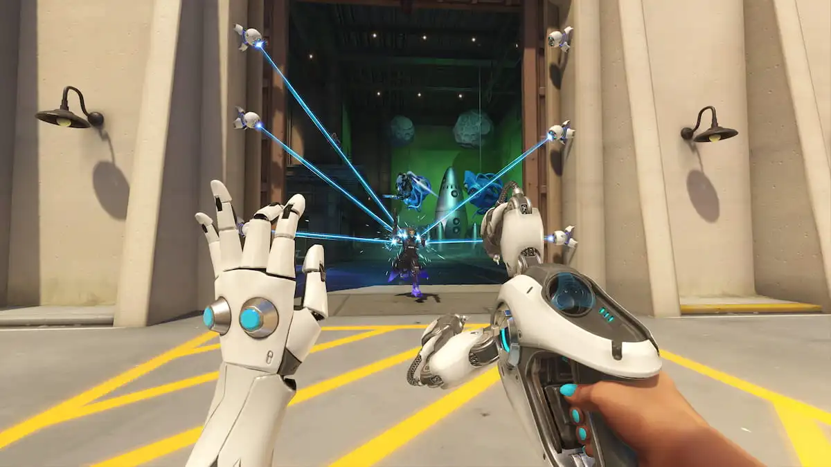 Plusieurs tourelles Symmetra se connectent en faisceaux bleus à un Faucheur qui avance