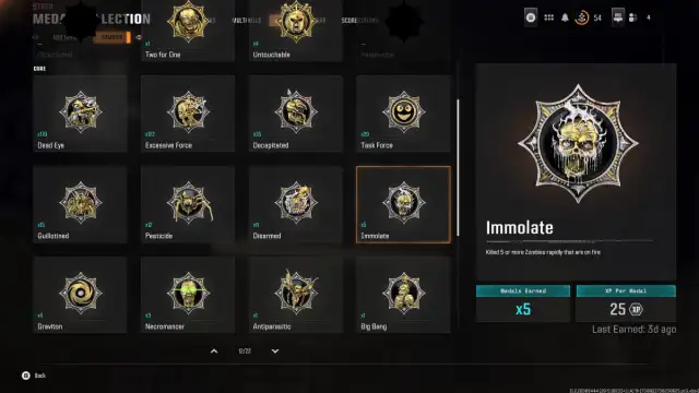 Aperçu de la page des médailles dans Black Ops 6 Zombies avec la Médaille Immolate mise en évidence.