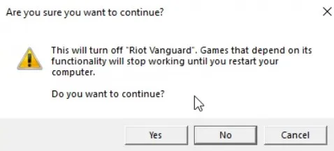 Une capture d'écran demandant à l'utilisateur s'il veut vraiment désactiver l'anti-triche Vanguard de Riot lors de la désinstallation de Valorant