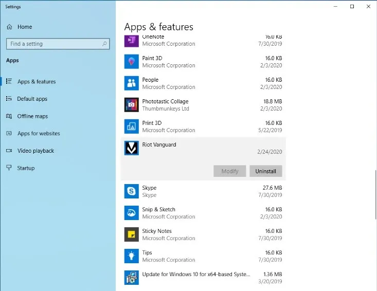 Une capture d'écran de la page Applications & fonctionnalités que vous devrez naviguer sur Windows pour désinstaller Valorant