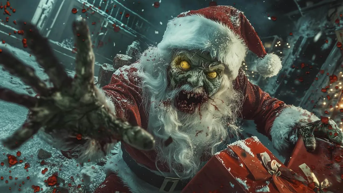 Necroclaus BO6 loading screen, a zombie in a Santa outfit stretching its hand towards the camera.