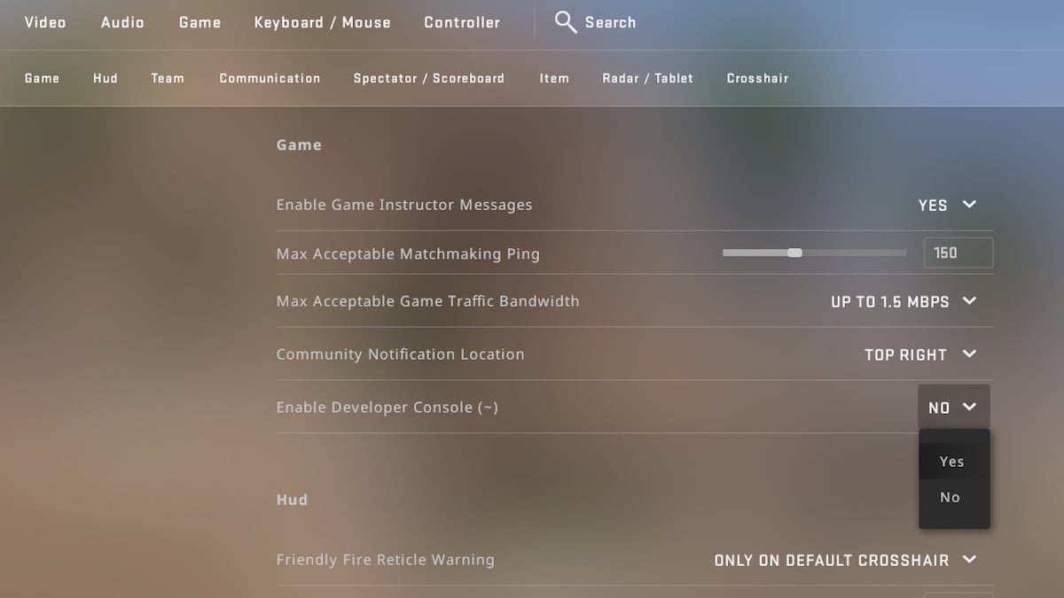 Écran du menu des paramètres de Counter Strike 2