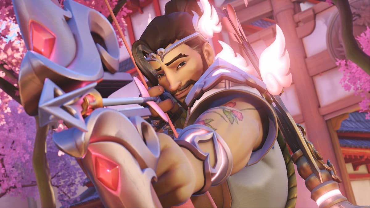 Une image d'Overwatch 2 du skin Cupidon Hanzo, qui transforme ce maître de l'arc en une version rose de Cupidon.
