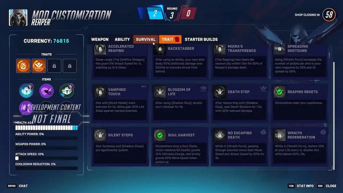 Écran de personnalisation des Mods de Reaper dans le nouveau mode Stadium d'OW2