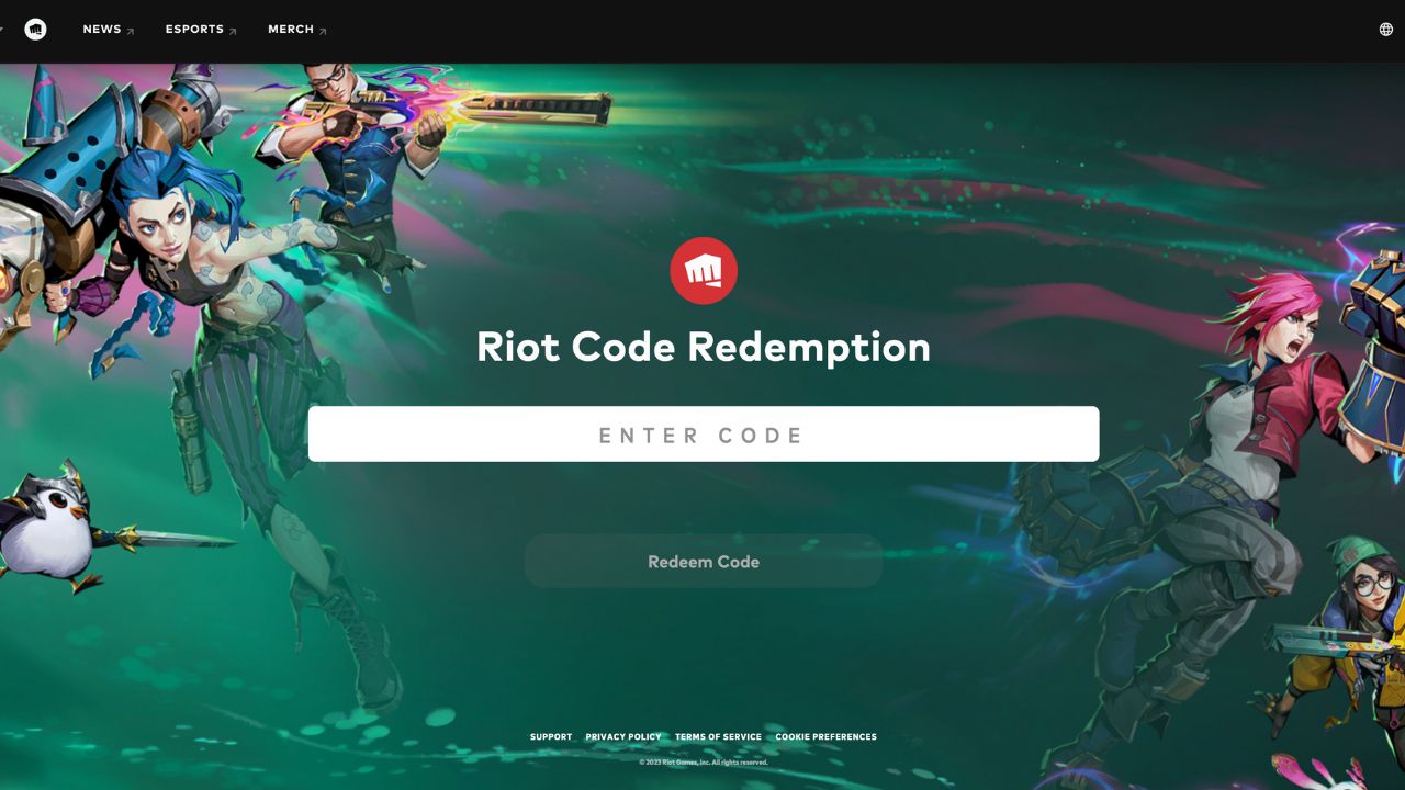 La page de récupération de code de Riot Games, sur le site officiel avec une boîte d'entrée affichée.