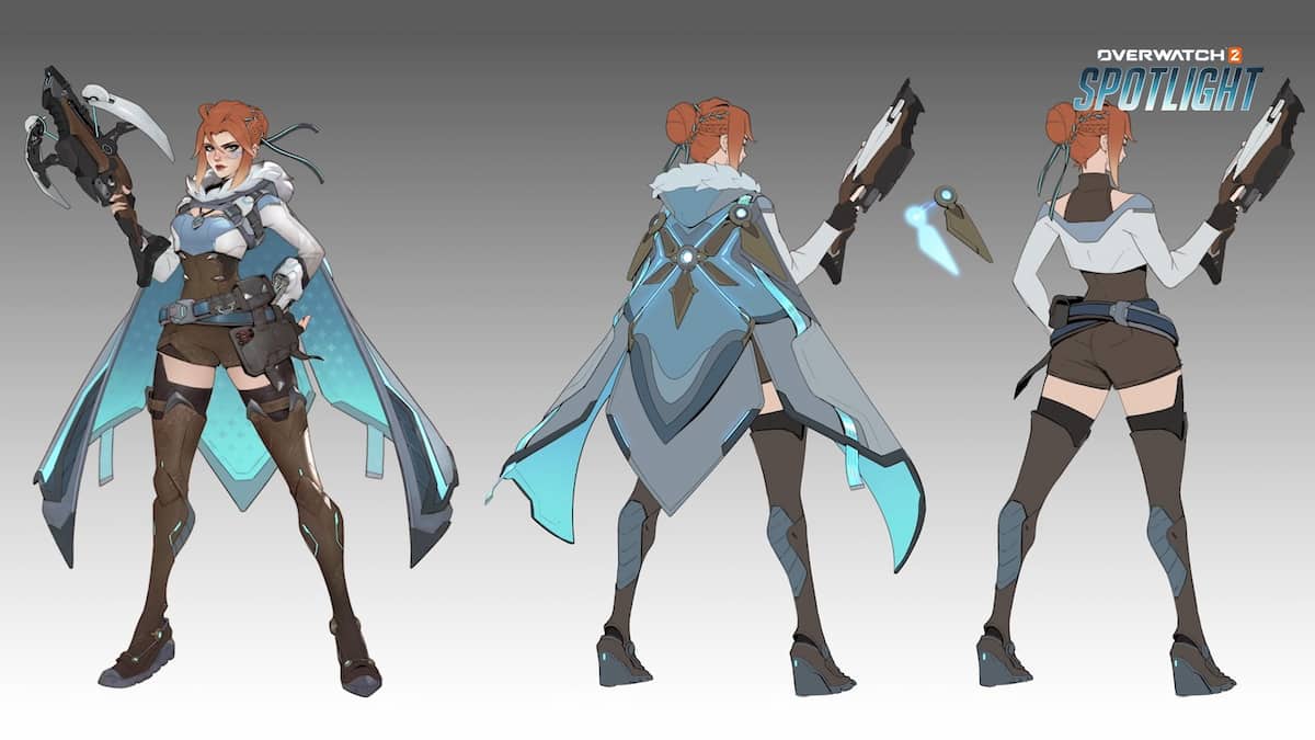 Une image du concept art de Freja dans Overwatch 2, qui met en avant la chasseuse avec son arbalète et sa cape.