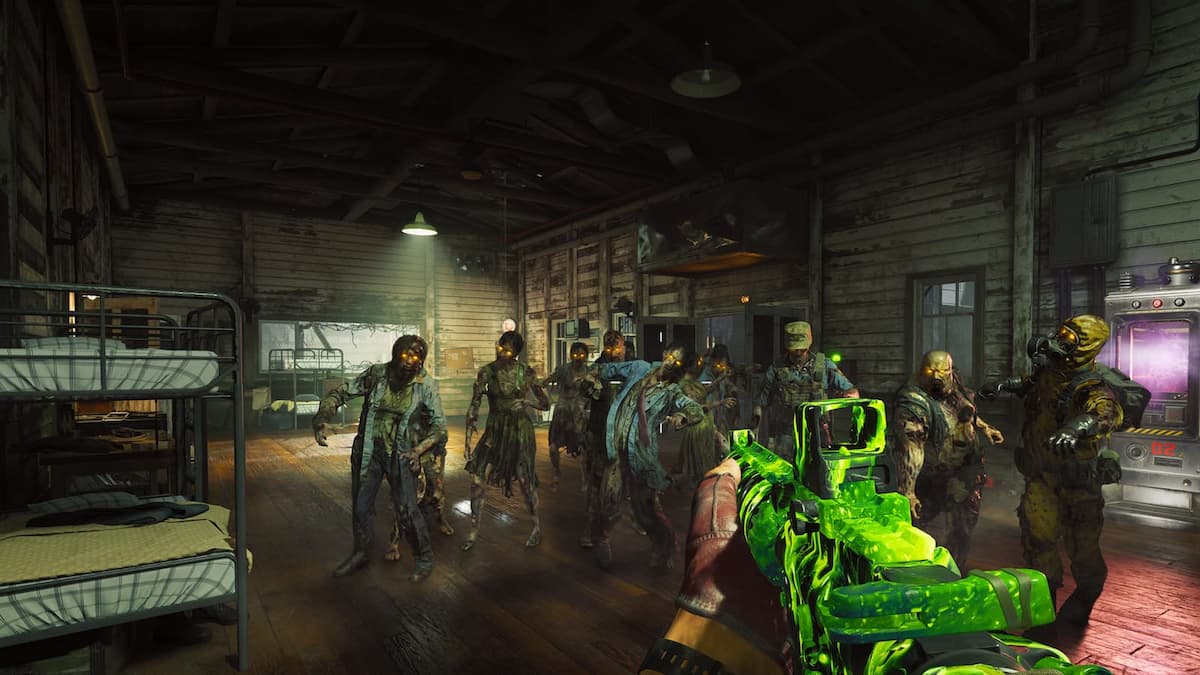 Un joueur tenant un pistolet vert face à une horde de zombies dans Black Ops 6