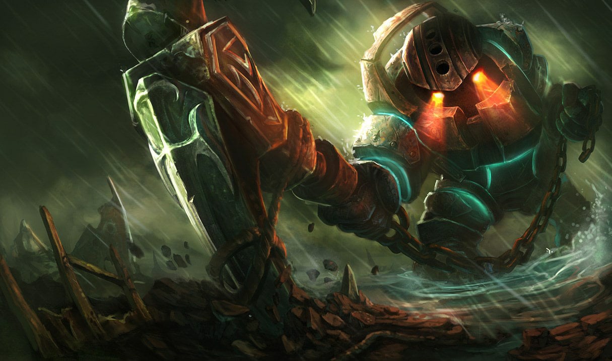 L'art de Nautilus dans League of Legends, montrant un colosse géant dans une combinaison de plongée tenant une ancre géante.