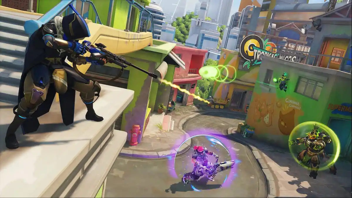 Ana tire une fléchette de soin vers Zarya sur la carte Rio d'Overwatch 2.