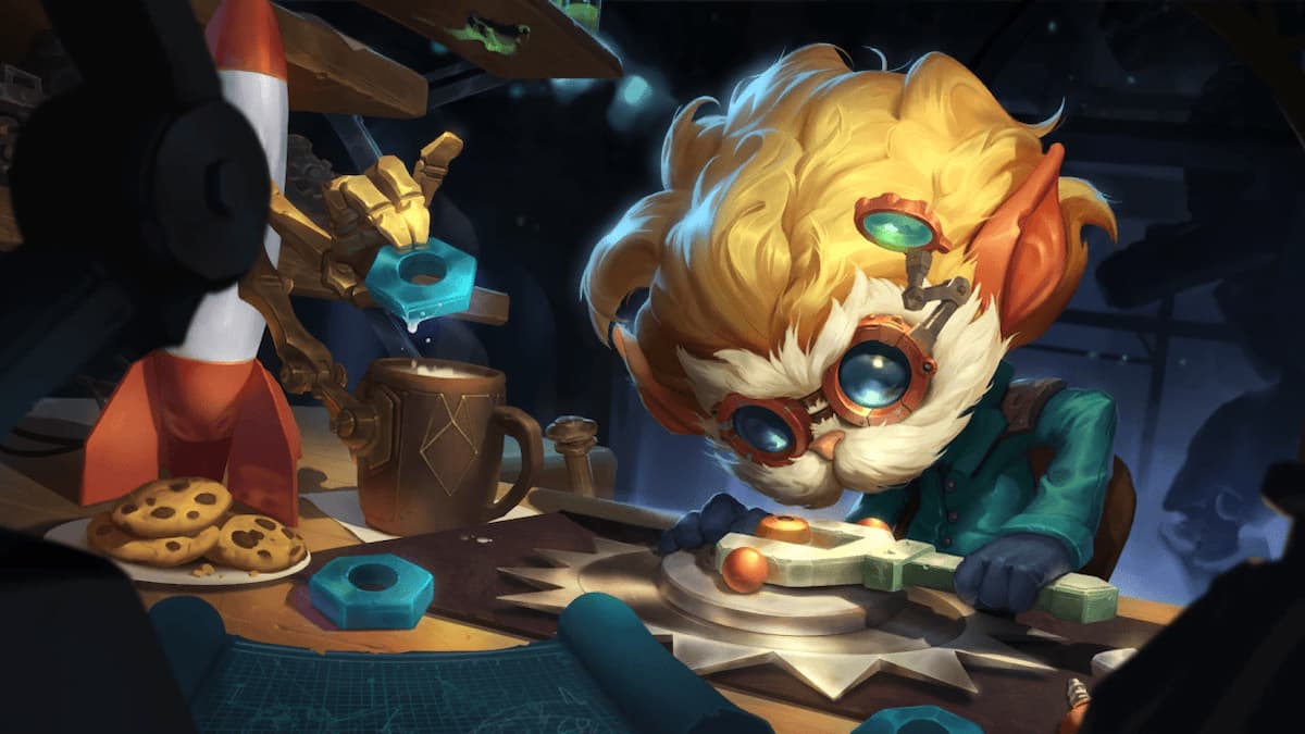 Le champion LoL Heimerdinger travaillant sur une invention.
