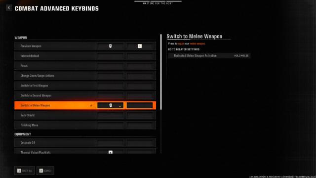Option de raccourci clavier pour passer à l'arme de mêlée mise en évidence dans les paramètres de raccourcis avancés de combat de Black Ops 6