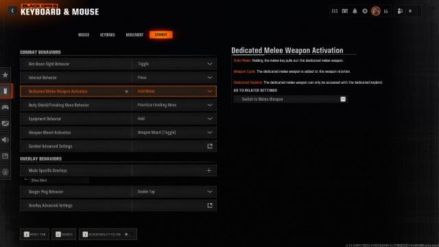 Activation dédiée de l'arme de mêlée mise en évidence dans les paramètres clavier et souris de Black Ops 6