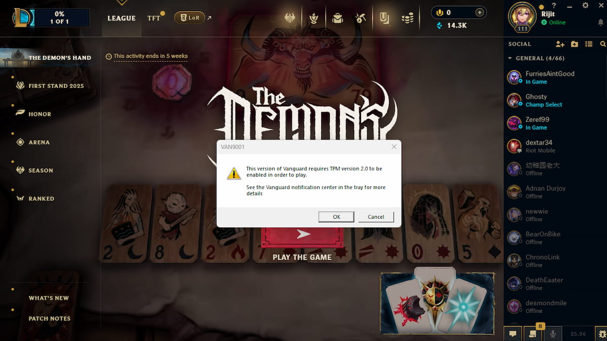 Image montrant l'erreur 'Cette version de Vanguard nécessite que le TPM version 2.0 soit activé pour jouer' dans League of Legends.