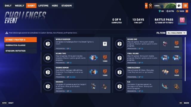 Capture d'écran des défis de l'événement Overwatch 2 Street Fighter 6.