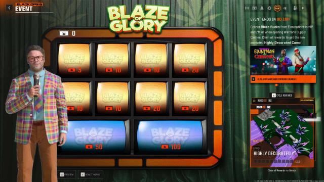 Page de l'événement Blaze of Glory dans Black Ops 6 montrant le skin de Seth Rogen, les récompenses débloquées et le camouflage animé Highly Decorated.