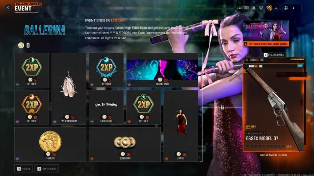 Récompenses de l'événement Ballerina dans Black Ops 6 et Warzone, y compris la carabine de tireur d'élite Essex Model 07 en tant que récompense de maîtrise.
