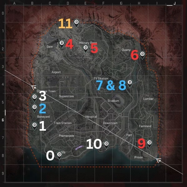Emplacements des bunkers de Verdansk dans Warzone, avec des indicateurs et des chiffres colorés pour un accès facile.
