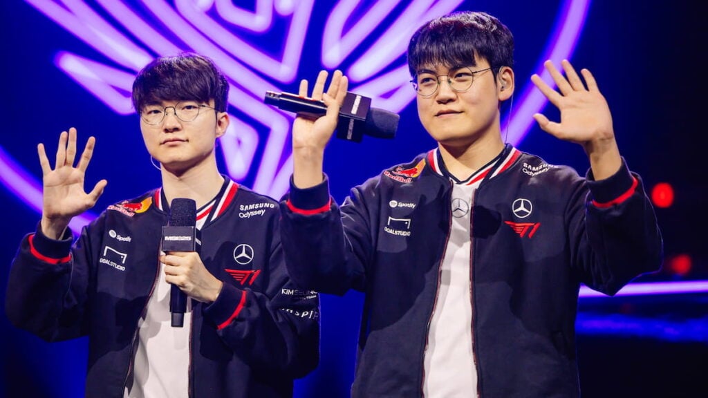 Faker (L) and Gumayusi of T1 are interviewed onstage for post match interview during MSI 2025 Bracket Stage Day 3 at the Pacific Coliseum in Vancouver, Canada on July 03, 2025.