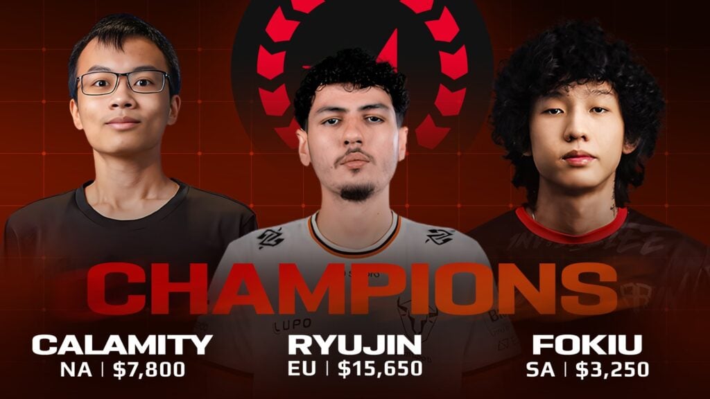 Champions de la saison 5 de la FACEIT FPL : Calamity (Amérique du Nord), Ryujin (Europe) et fokiu (Amérique du Sud)