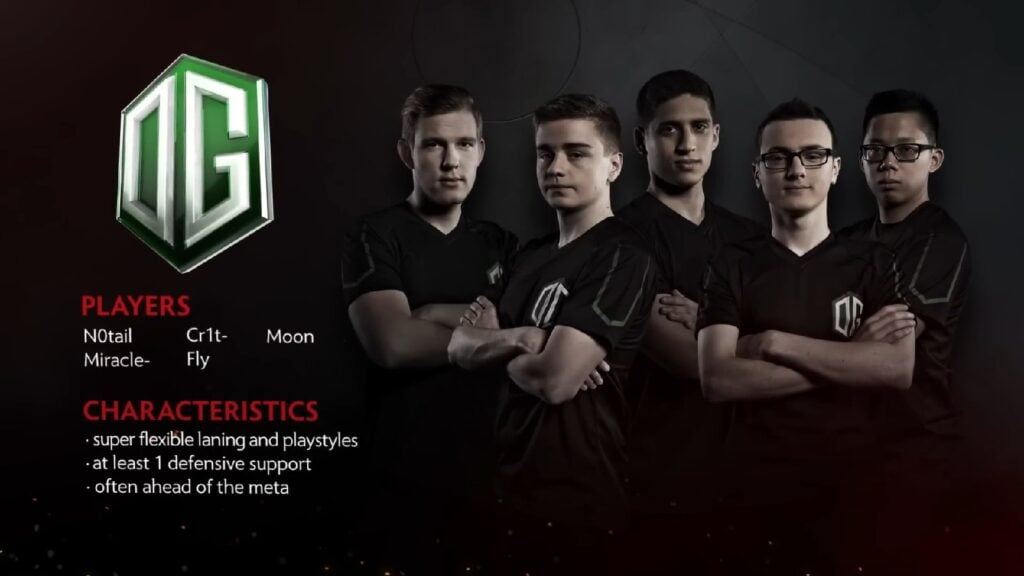 art de couverture présentant l'effectif de Dota 2 d'OG au TI6.