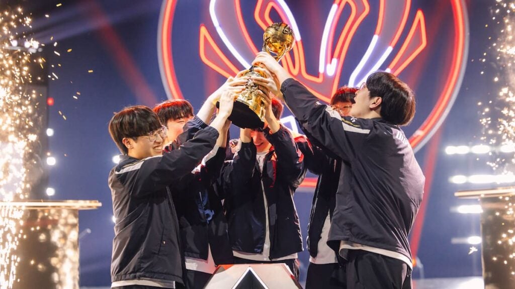 Champions Gen.G Esports lift the trophy after victory at MSI 2025 Finals at the Pacific Coliseum in Vancouver, Canada on July 12, 2025.