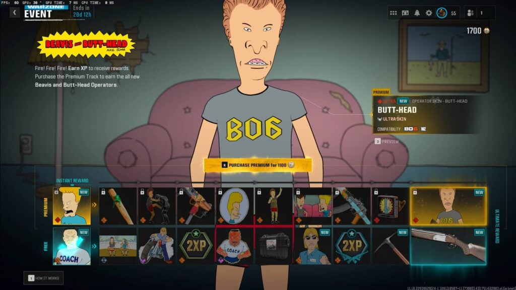Récompenses de l'événement Beavis and Butt-Head de CoD, divisées en pistes gratuite et premium.