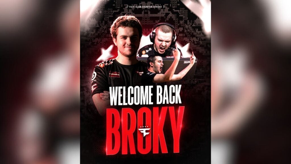 Photos de broky sur la publication de FaZe Clan sur X annonçant son retour dans leur effectif principal de CS2.