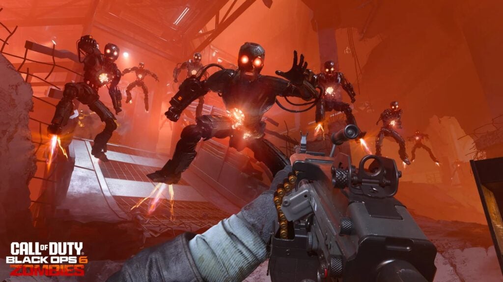 Robots Klaus chargeant le joueur dans BO6 Zombies Season 5 Reloaded.