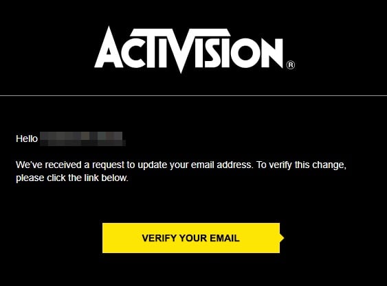 Message de vérification d'e-mail d'Activision