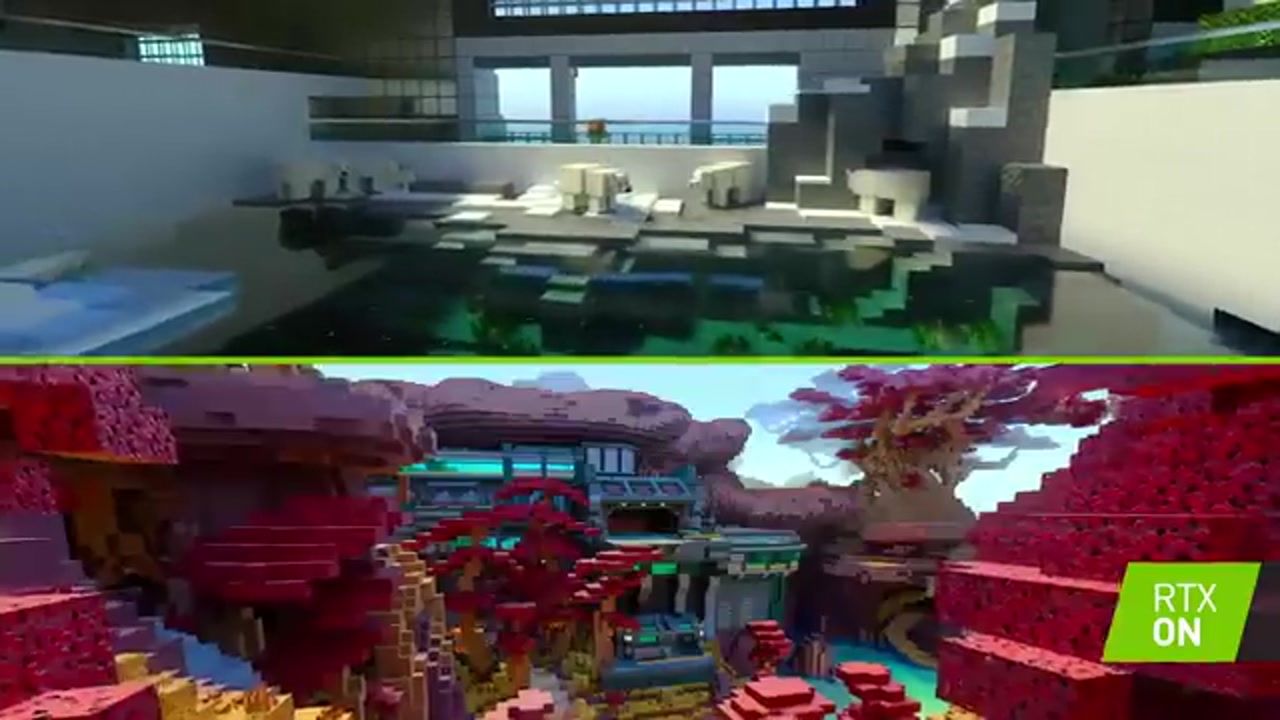 Comparaison côte à côte d'un même décor Minecraft, en version classique et en version ray-tracing RTX.
