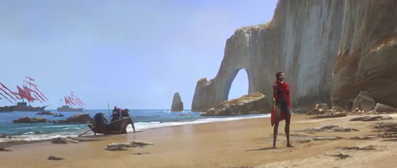 Plage au pied d'une falaise percée : personnage féminin en cape rouge debout sur le sable, galères à voiles rouges au large sur la gauche.
