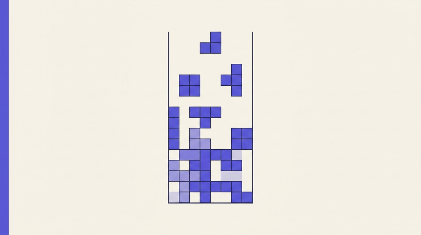 Grille de jeu Tetris schématisée : pièces violettes empilées sur un fond beige, ligne verticale bordeaux à gauche.
