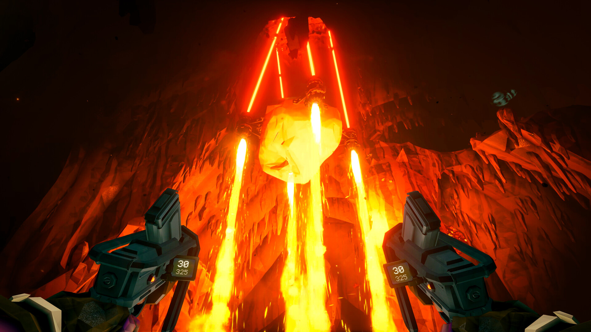 Capture in-game Deep Rock Galactic : scene de grotte volcanique avec foreuses mecaniques, affichage ammo 30/325, lave orange et cristaux de chaque cote, style Ghost Ship.
