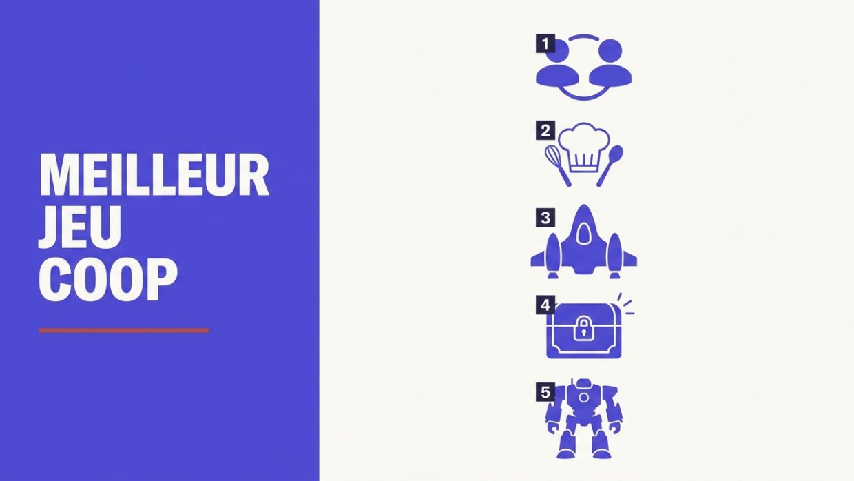 Visuel editorial Decerto : titre MEILLEUR JEU COOP en blanc sur bandeau violet a gauche, ligne accent rouge brique, 5 silhouettes minimalistes verticales (couple, chef, vaisseau, coffre, robot) etiquees 1 a 5 a droite, fond beige.