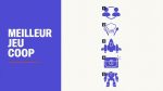 Visuel editorial Decerto : titre MEILLEUR JEU COOP en blanc sur bandeau violet a gauche, ligne accent rouge brique, 5 silhouettes minimalistes verticales (couple, chef, vaisseau, coffre, robot) etiquees 1 a 5 a droite, fond beige.