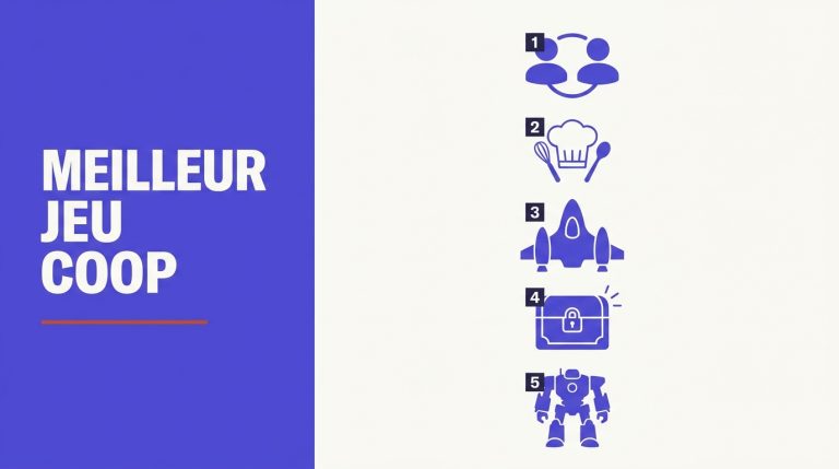 Visuel editorial Decerto : titre MEILLEUR JEU COOP en blanc sur bandeau violet a gauche, ligne accent rouge brique, 5 silhouettes minimalistes verticales (couple, chef, vaisseau, coffre, robot) etiquees 1 a 5 a droite, fond beige.