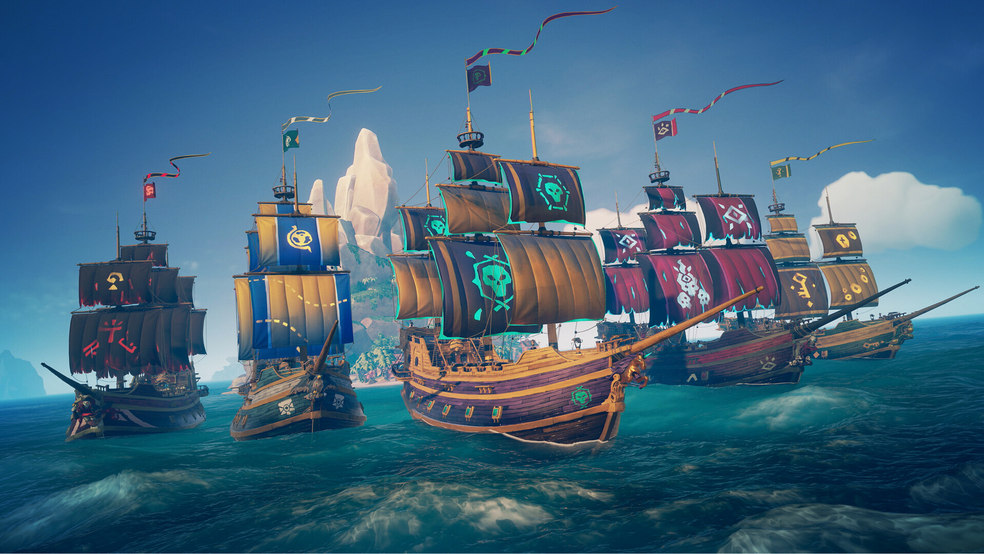 Capture in-game Sea of Thieves : trois navires pirates customises avec voiles colorees et fanions navigant en eau turquoise, decor de montagne en arriere-plan, style Rare.