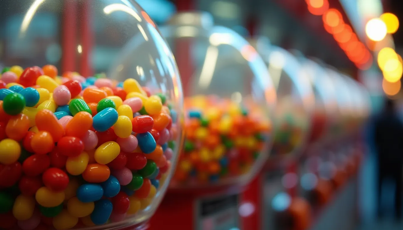 Rangée de distributeurs de capsules colorées