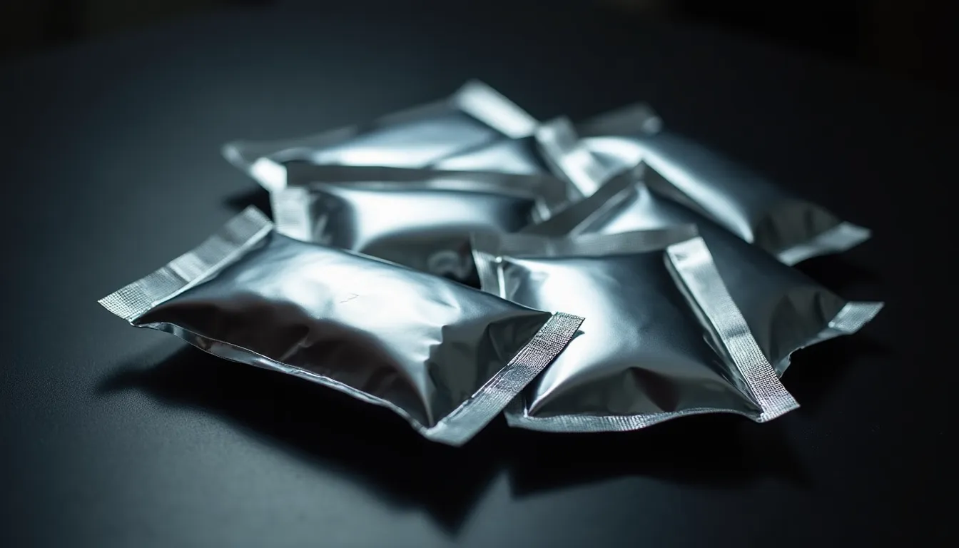Sachets métallisés scellés posés sur une surface sombre