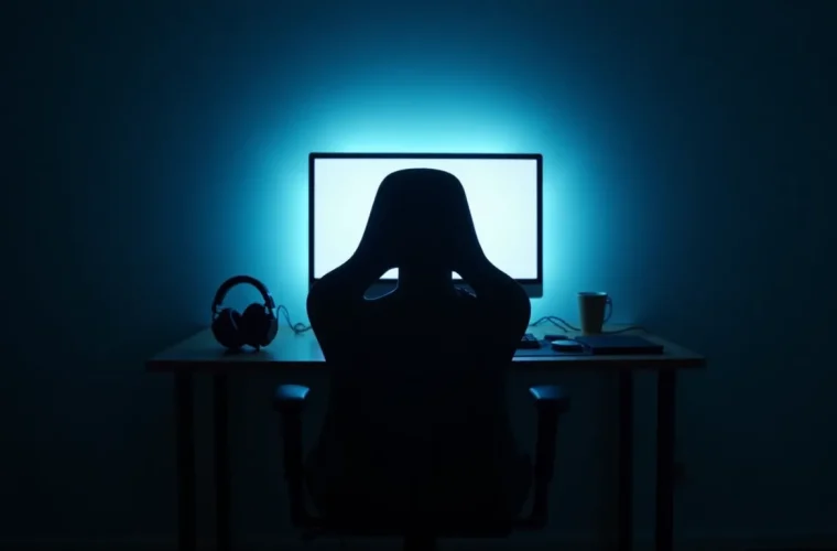 Fauteuil vide devant un écran allumé dans une pièce sombre