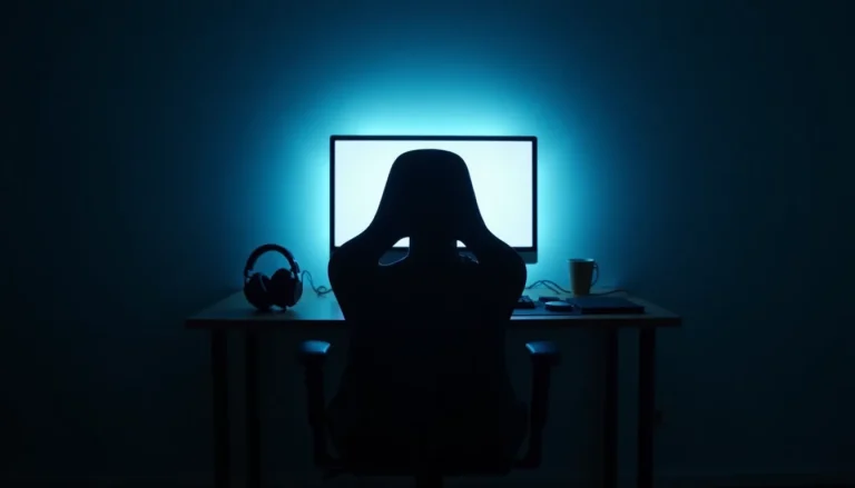 Fauteuil vide devant un écran allumé dans une pièce sombre